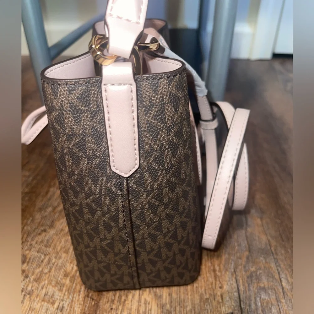 Michael Kors Brown Logo Bucket Bag with Pale Pink Trim